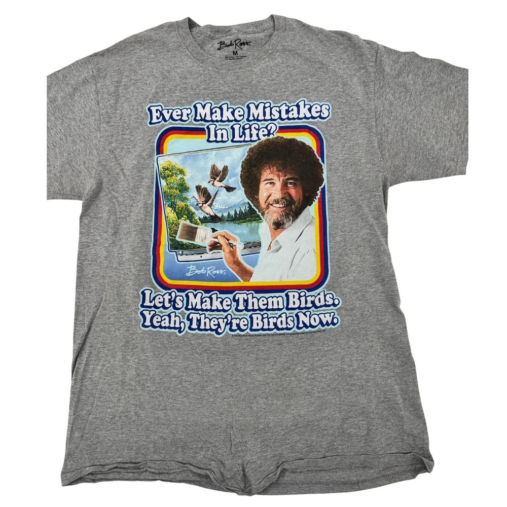 Bob Ross‎ Graphic Tee Mens Medium Grey Happy Accidents Birds Quote T-Shirt